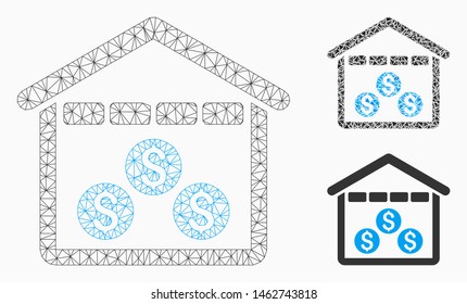 Mesh money depository model with triangle mosaic icon. Wire frame triangular mesh of money depository. Vector composition of triangle parts in different sizes, and color tints.