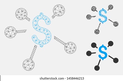 Mesh money distribution model with triangle mosaic icon. Wire frame triangular mesh of money distribution. Vector collage of triangle parts in different sizes, and color hues.