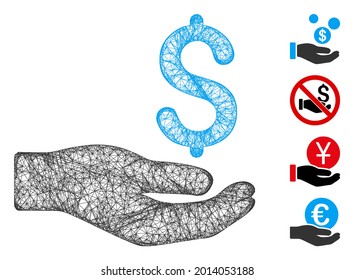 Mesh money donation web icon vector illustration. Carcass model is based on money donation flat icon. Net forms abstract money donation flat model.