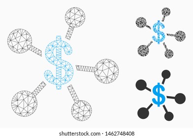 Mesh money emission model with triangle mosaic icon. Wire frame polygonal mesh of money emission. Vector composition of triangle parts in different sizes, and color hues.