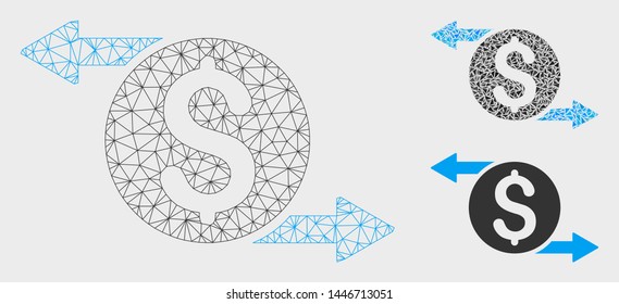 Mesh money exchange model with triangle mosaic icon. Wire carcass polygonal mesh of money exchange. Vector collage of triangle elements in different sizes, and color hues.