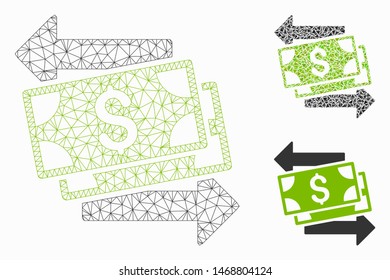 Mesh money exchange model with triangle mosaic icon. Wire frame polygonal mesh of money exchange. Vector collage of triangle parts in various sizes, and color tints. Abstract flat mesh money exchange,