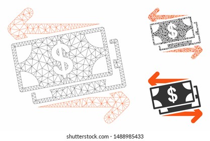 Mesh money exchange model with triangle mosaic icon. Wire carcass triangular mesh of money exchange. Vector mosaic of triangle elements in different sizes, and color tones.