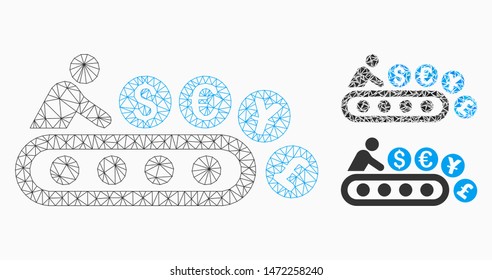 Mesh money factory model with triangle mosaic icon. Wire frame polygonal mesh of money factory. Vector mosaic of triangle parts in variable sizes, and color tints. Abstract flat mesh money factory,