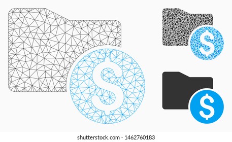 Mesh money folder model with triangle mosaic icon. Wire carcass triangular network of money folder. Vector collage of triangle parts in various sizes, and color tones. Abstract flat mesh money folder,