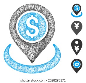 Mesh money location web icon vector illustration. Carcass model is based on money location flat icon. Mesh forms abstract money location flat carcass.