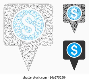 Mesh money map marker model with triangle mosaic icon. Wire frame polygonal mesh of money map marker. Vector composition of triangle elements in various sizes, and color tones.