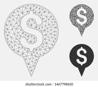 Mesh money map marker model with triangle mosaic icon. Wire frame triangular network of money map marker. Vector mosaic of triangle elements in different sizes, and color hues.
