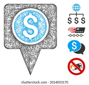 Mesh money map marker web symbol vector illustration. Carcass model is based on money map marker flat icon. Network forms abstract money map marker flat carcass.