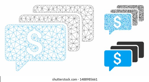 Mesh money messages model with triangle mosaic icon. Wire carcass triangular network of money messages. Vector mosaic of triangle elements in different sizes, and color tints.