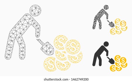 Mesh money mining model with triangle mosaic icon. Wire carcass polygonal mesh of money mining. Vector composition of triangle parts in various sizes, and color hues. Abstract flat mesh money mining,