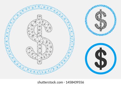 Mesh money model with triangle mosaic icon. Wire frame triangular mesh of money. Vector collage of triangle parts in different sizes, and color tones. Abstract 2d mesh money,