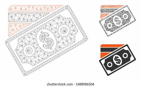 Mesh money model with triangle mosaic icon. Wire carcass polygonal mesh of money. Vector collage of triangle elements in variable sizes, and color tones. Abstract flat mesh money,