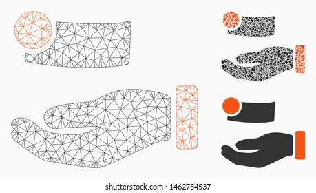 Mesh money payment model with triangle mosaic icon. Wire carcass triangular mesh of money payment. Vector mosaic of triangle elements in different sizes, and color tinges.