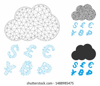 Mesh money rain model with triangle mosaic icon. Wire carcass polygonal mesh of money rain. Vector mosaic of triangle elements in various sizes, and color tints. Abstract 2d mesh money rain,