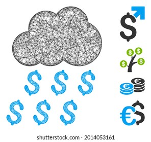 Ilustración vectorial del icono de la web de la lluvia de dinero en malla. El modelo se crea a partir del icono de lluvia de dinero. La malla forma el dinero abstracto llueve en canal plano. Red web plana con marco de cable aislada en un fondo blanco.