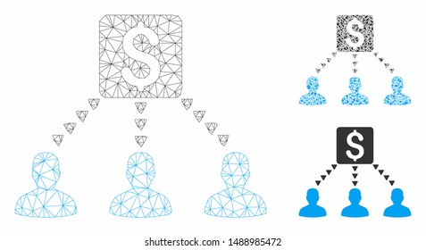 Mesh money recipients model with triangle mosaic icon. Wire carcass polygonal mesh of money recipients. Vector mosaic of triangle parts in different sizes, and color tints.