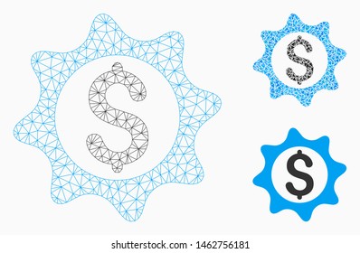 Mesh money seal model with triangle mosaic icon. Wire carcass triangular mesh of money seal. Vector mosaic of triangle elements in variable sizes, and color hues. Abstract flat mesh money seal,