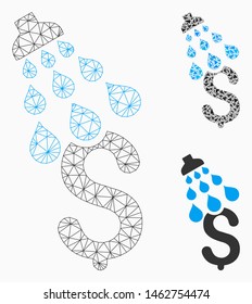 Mesh money shower model with triangle mosaic icon. Wire frame polygonal mesh of money shower. Vector mosaic of triangle parts in different sizes, and color tinges. Abstract 2d mesh money shower,