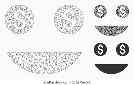 Mesh money smiley model with triangle mosaic icon. Wire carcass polygonal mesh of money smiley. Vector mosaic of triangle elements in different sizes, and color hues. Abstract flat mesh money smiley,