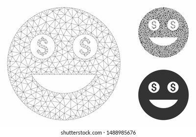 Mesh money smiley model with triangle mosaic icon. Wire frame polygonal mesh of money smiley. Vector mosaic of triangle parts in various sizes, and color tints. Abstract flat mesh money smiley,