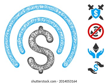 Mesh money sphere web symbol vector illustration. Carcass model is created from money sphere flat icon. Network forms abstract money sphere flat carcass.