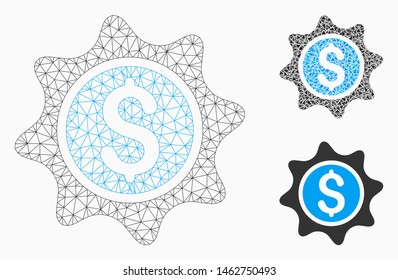 Mesh money sticker model with triangle mosaic icon. Wire frame triangular mesh of money sticker. Vector composition of triangle parts in different sizes, and color tints.