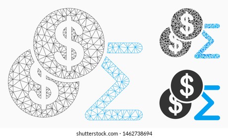 Mesh money summary model with triangle mosaic icon. Wire frame triangular mesh of money summary. Vector mosaic of triangle parts in various sizes, and color tones. Abstract 2d mesh money summary,