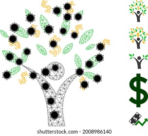 Mesh money tree man polygonal icon vector illustration, with black coronavirus elements. Carcass model is created from money tree man flat icon, with infection items and polygonal net.