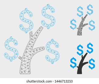 Mesh money tree model with triangle mosaic icon. Wire frame triangular mesh of money tree. Vector mosaic of triangle parts in variable sizes, and color tinges. Abstract 2d mesh money tree,