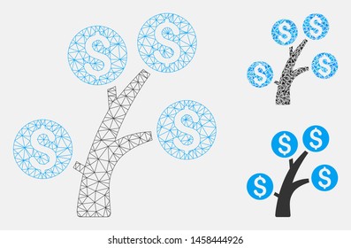 Mesh money tree model with triangle mosaic icon. Wire carcass triangular mesh of money tree. Vector mosaic of triangle parts in different sizes, and color hues. Abstract flat mesh money tree,