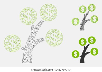 Mesh money tree model with triangle mosaic icon. Wire carcass polygonal mesh of money tree. Vector mosaic of triangle parts in different sizes, and color tints. Abstract 2d mesh money tree,
