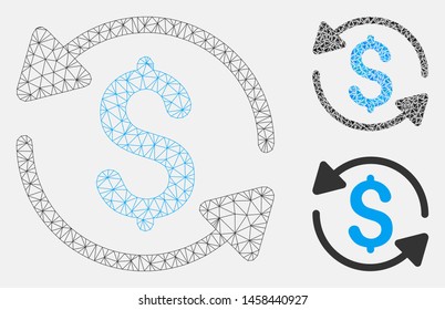 Mesh money turnover model with triangle mosaic icon. Wire carcass triangular mesh of money turnover. Vector mosaic of triangle parts in different sizes, and color tints.