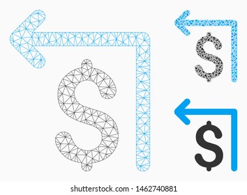 Mesh moneyback model with triangle mosaic icon. Wire carcass polygonal mesh of moneyback. Vector mosaic of triangles in various sizes, and color tones. Abstract 2d mesh moneyback,