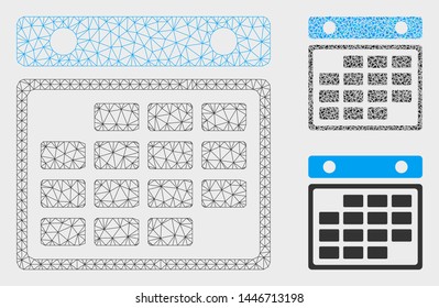 Mesh month calendar model with triangle mosaic icon. Wire frame triangular mesh of month calendar. Vector mosaic of triangle elements in various sizes, and color tinges.
