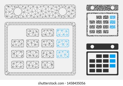 Mesh month calendar model with triangle mosaic icon. Wire frame polygonal mesh of month calendar. Vector composition of triangle parts in various sizes, and color tints.