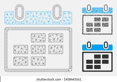 Mesh month calendar model with triangle mosaic icon. Wire frame polygonal mesh of month calendar. Vector composition of triangle parts in variable sizes, and color hues.