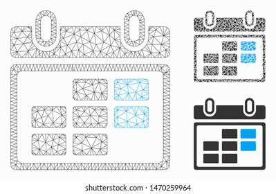 Mesh month calendar model with triangle mosaic icon. Wire carcass triangular mesh of month calendar. Vector mosaic of triangle parts in different sizes, and color shades.