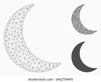 Mesh moon model with triangle mosaic icon. Wire frame triangular mesh of moon. Vector collage of triangle elements in variable sizes, and color shades. Abstract 2d mesh moon,
