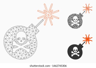 Mesh mortal bomb model with triangle mosaic icon. Wire carcass polygonal mesh of mortal bomb. Vector composition of triangle parts in various sizes, and color hues. Abstract flat mesh mortal bomb,