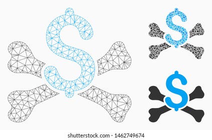 Mesh mortal debt model with triangle mosaic icon. Wire carcass polygonal network of mortal debt. Vector mosaic of triangle elements in various sizes, and color tones. Abstract flat mesh mortal debt,