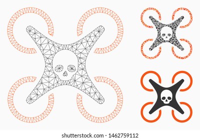 Mesh mortal drone model with triangle mosaic icon. Wire frame triangular mesh of mortal drone. Vector mosaic of triangle parts in different sizes, and color hues. Abstract 2d mesh mortal drone,