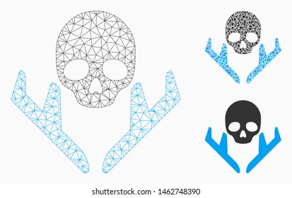 Mesh mortal landing airplanes model with triangle mosaic icon. Wire carcass polygonal mesh of mortal landing airplanes. Vector mosaic of triangles in variable sizes, and color tints.