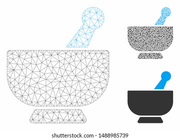 Mesh mortar model with triangle mosaic icon. Wire carcass triangular mesh of mortar. Vector composition of triangle elements in variable sizes, and color hues. Abstract flat mesh mortar,