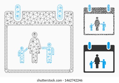 Mesh mother calendar day model with triangle mosaic icon. Wire carcass triangular mesh of mother calendar day. Vector collage of triangle parts in various sizes, and color tinges.