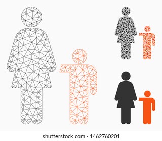 Mesh mother with son model with triangle mosaic icon. Wire frame triangular mesh of mother with son. Vector mosaic of triangle parts in various sizes, and color tinges.