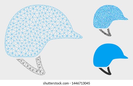 Mesh motorcycle helmet model with triangle mosaic icon. Wire frame triangular mesh of motorcycle helmet. Vector mosaic of triangle parts in variable sizes, and color tints.