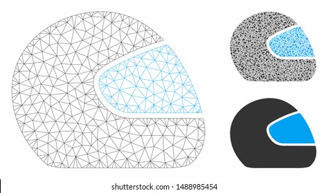 Mesh motorcycle helmet model with triangle mosaic icon. Wire frame polygonal mesh of motorcycle helmet. Vector collage of triangle elements in variable sizes, and color tinges.