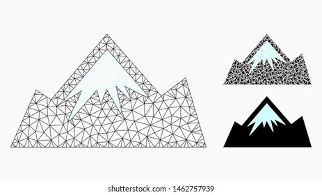 Mesh mountain model with triangle mosaic icon. Wire carcass polygonal mesh of mountain. Vector composition of triangle elements in different sizes, and color tinges. Abstract 2d mesh mountain,