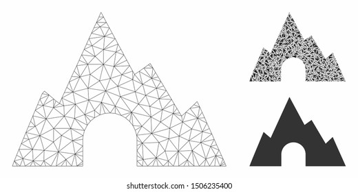 Mesh mountain tunnel model with triangle mosaic icon. Wire frame triangular mesh of mountain tunnel. Vector mosaic of triangle elements in variable sizes, and color tones.